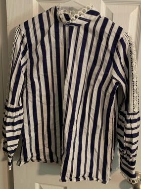 Vilagallo Navy and White Striped Top with Crochet Eyelet Detail